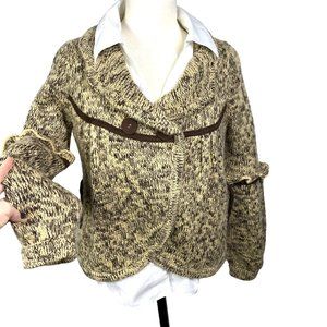 Vertigo Paris cardigan sweater neutral brown beige, collar, chunky knit ruffle L